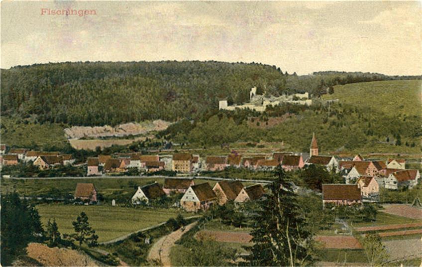 Auf einer kolorierten Postkarte von Fischingen aus dem Jahr 1910 ist der Ort mit der Ruine Wehrstein und dem Gfrörer-Steinbruch zu sehen.
