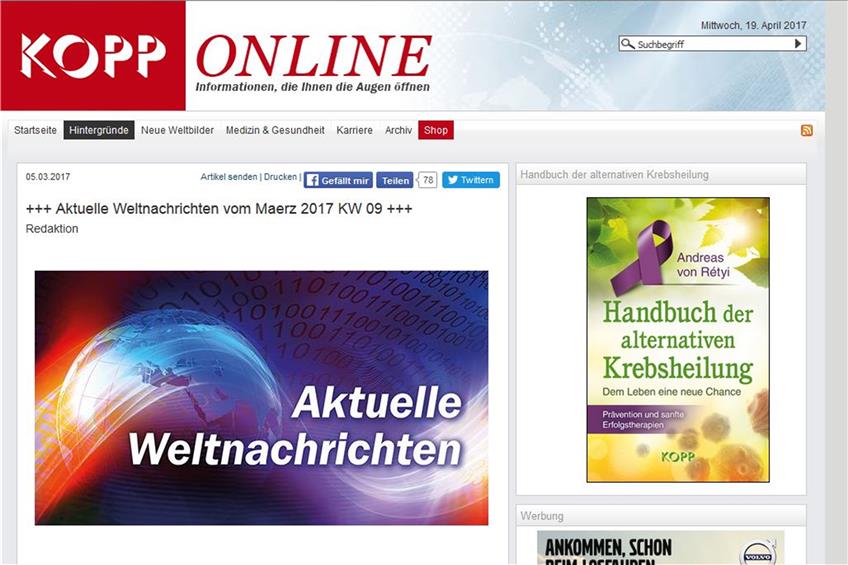 Der Rottenburger Kopp Verlag nahm sein kostenloses Meinungs- und Werbemedium vom Netz. Bild: Screenshot Kopp Verlag