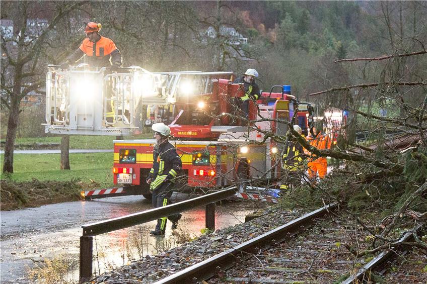 Drei Bäume in Bad Imnau fielen am Sonntagnachmittag gegen 15 Uhr bei einem Unwetter mit Hagel in der Mühlenstrasse auf die Bahnlinie der Hohenzollerischen Landesbahn und auf die parallel verlaufende Gemeinde-Verbindungsstraße. Bild: Haid