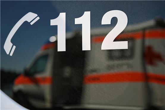 Ein Rettungswagen spiegelt sich während einer Übung in einem Fenster eines anderen Rettungswagen mit der Aufschrift „112“. Foto: Patrick Seeger/dpa