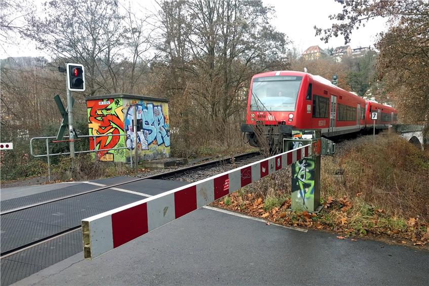 Ein Zug der Ammertalbahn kommt aus dem Tunnel vom Westbahnhof her und fährt Richtung Hauptbahnhof auf den Bahnübergang am Fuß- und Radweg hinter dem Wildermuth-Gymnasium in Tübingen. Bild: Schweizer