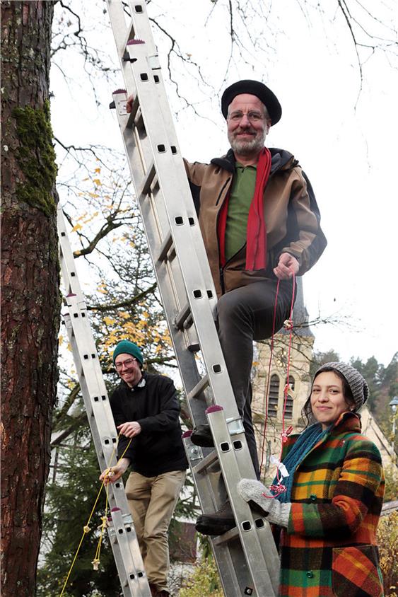 Joseph Horejs (links), Kurator Michael Widmann und Margarita Rosenberg befestigen eine Installation zwischen zwei Bäumen.