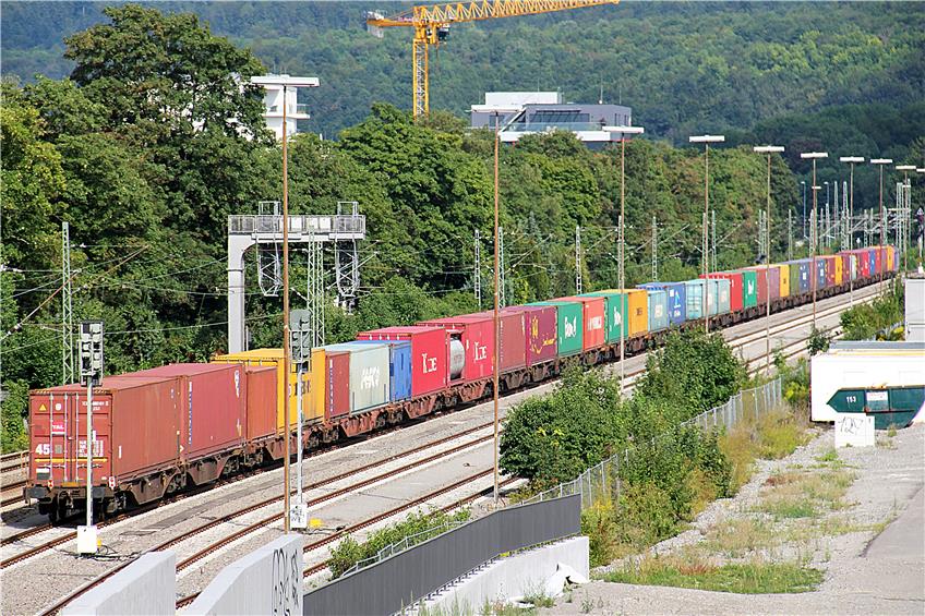 Weil die Rheintalstrecke zur Zeit nicht befahrbar ist, werden die Güterzüge über Tübingen und Rottenburg umgeleitet. Sie fahren auch nachts. Bild: Schneck