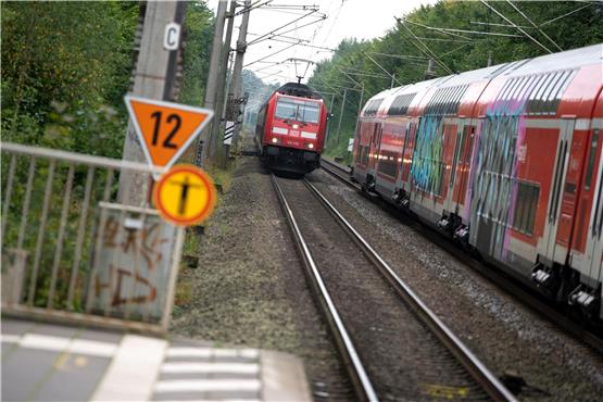Zwei Regionalzüge der Deutschen Bahn begegnen sich vor einem Bahnhof. Foto: Jonas Walzberg/dpa/Symbolbild