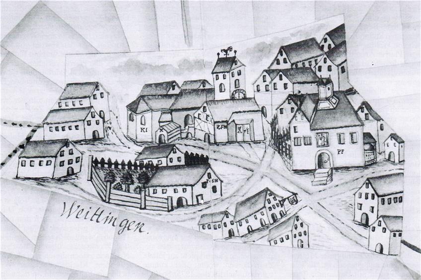 Abbildung der Wirtschaft zum „Hirsch“ auf der „Karte des Laienzehnten des Klosters Wittichen, Schaffnei Horb“ aus dem Jahre 1750.