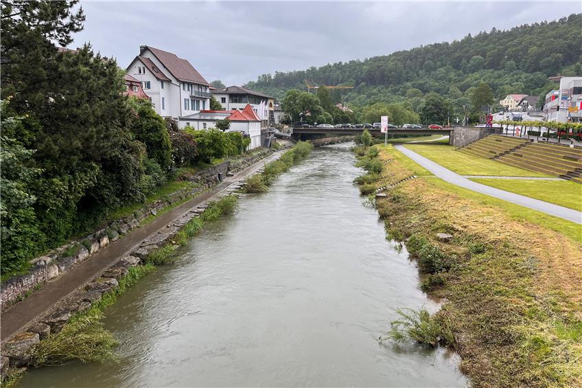 Am Freitag gegen 14 Uhr fehlte dem Neckar in Horb nicht mehr viel, um den Fußweg (links) zu überfluten. Bild: Moritz Hagemann