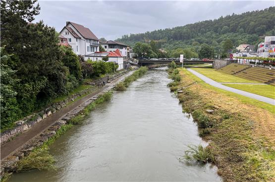 Am Freitag gegen 14 Uhr fehlte dem Neckar in Horb nicht mehr viel, um den Fußweg (links) zu überfluten. Bild: Moritz Hagemann