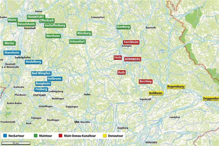 Auf seiner Bootstour sah der Tierarzt Klaus-Peter Amberger viele Flussstädte im Süden Deutschlands. Grafik: Uhland2