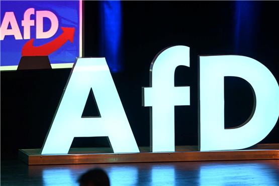 Das Logo der Partei AfD steht bei einer Wahlkampfkundgebung in der Donauhalle. Foto: Bernd Weißbrod/dpa