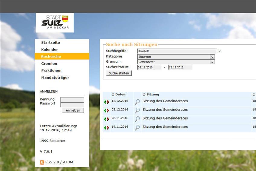 Das mit der Sulzer Website verknüpfte Ratsinformationssystemermöglicht die gezielte Suche nach Themen aus Sitzungen.Screenshot