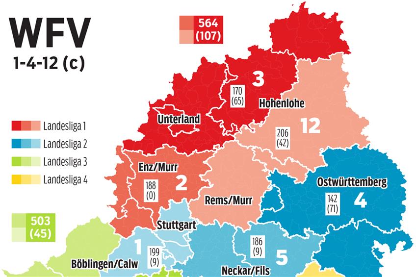 Das vorläufige Ergebnis der Strukturreform des WFV: Die grünschattierten Flächen zeigen dabei den Einzugsbereich der Landesliga-Staffel 3, zu dem auch der Bezirk Nördlicher Schwarzwald gehört.Grafik: WFV