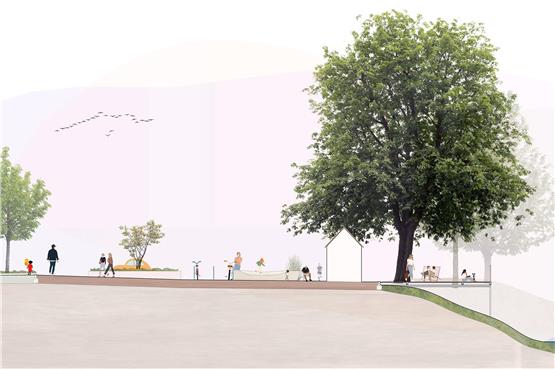 Der Entwurf für die Steinlach-Gärten mit einem Deck über der Steinlach auf Höhe der früheren Gemeindewaage (angeschnitten unter dem Baum). Grafik: Hähnig/Gemmeke