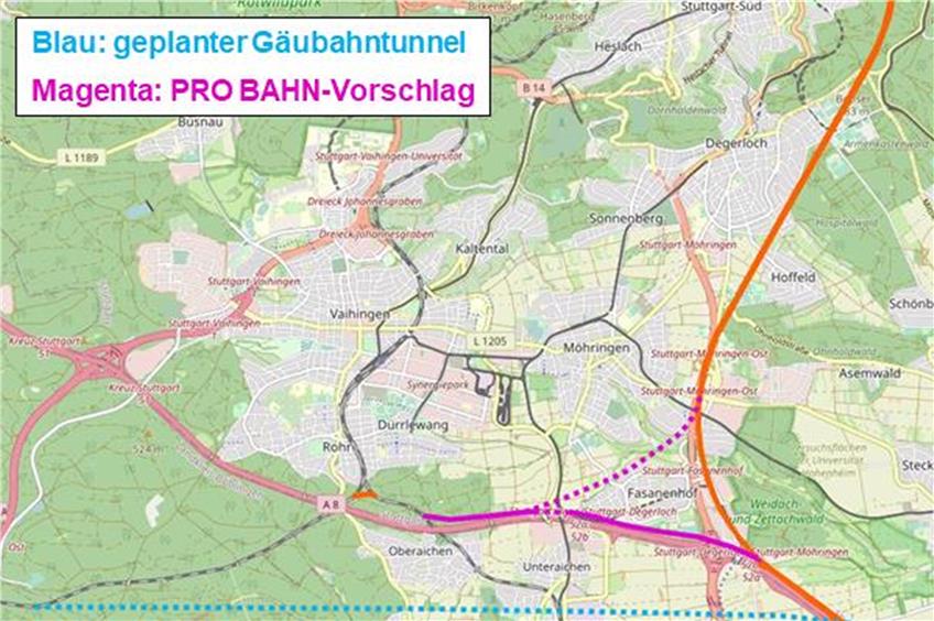 Der Gäubahntunnel (blau) ist mit einer Milliarde Euro veranschlagt; der Vorschlag des Fahrgastverbandes Pro Bahn (magenta) sei deutlich billiger und schneller umzusetzen – sagt der Verband. Karte: Pro Bahn