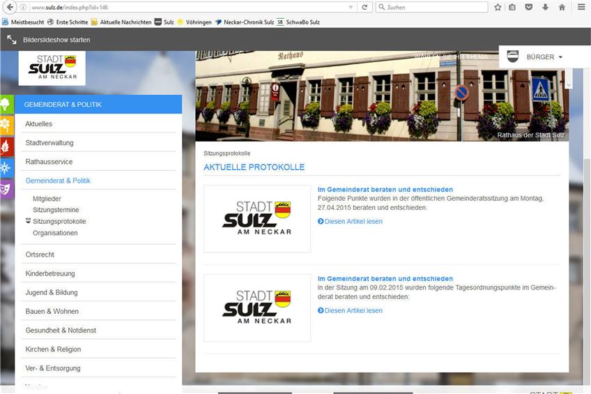 Der Internetauftritt der Stadt Sulz ist erst im März 2015 relauncht worden. Die Infos über den Gemeinderat sind jedoch veraltet. Screenshot