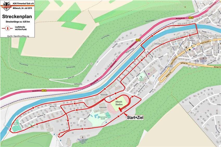 Der neue Streckenplan für den Firmenlauf in Sulz am 24. Juli beinhaltet weniger Brücken und mehr Platz zum Rennen. Grafik: BW-Running