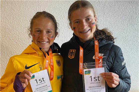 Deutsches Goldduo bei der Berglauf-EM in Annecy: Nina Engelhardt (links) gewann bei den Frauen, Julia Ehrle (rechts) bei der U20. Bild: DLV