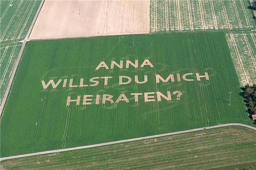 Die Frage „Anna willst Du mich heiraten?“ erspähte Anna Kohler bei einer Heißluftballonfahrt mit Johannes Walter in einem Acker bei Sigmarswangen. Der Landwirt hatte die Worte per Traktor hineingefräst. Privatbild