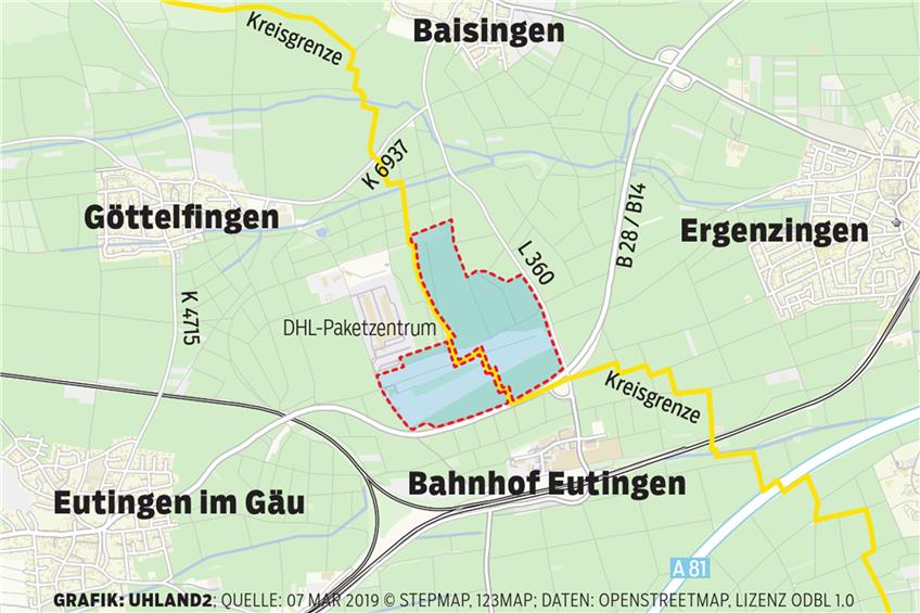 Die Kreisgrenze Tübingen-Freudenstadt ist zugleich die Grenze zwischen Rottenburg und Eutingen sowie die Grenze zwischen zwei Regionen und zwei Regierungsbezirken. Sie verläuft auch mitten durch das geplante Gewerbegebiet. Das macht die Planung nicht einfacher.