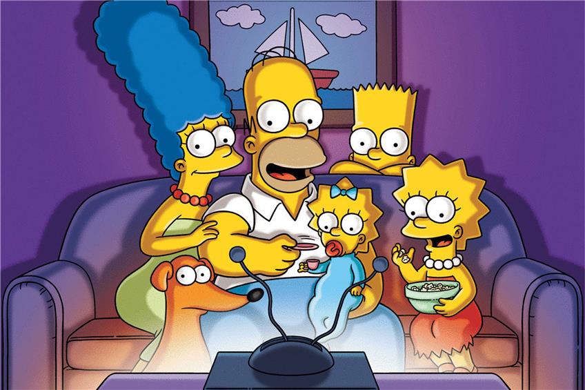 Die Mitglieder der Simpsons (von links): Marge, Homer, Maggie, Bart, Lisa mit Hund Knecht Ruprecht. Foto: Fox/ProSieben