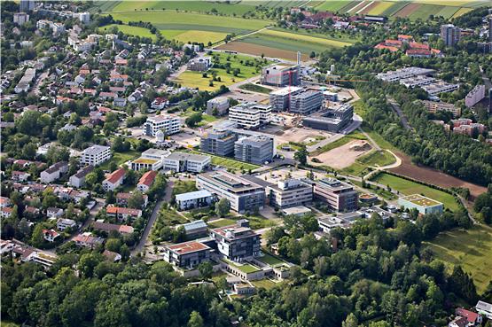 Die Obere Viehweide mit Max-Planck-Instituten (unten) und Technologiepark. Das Bosch-Grundstück liegt oben in der Bildmitte. Luftbild: Manfred Grohe