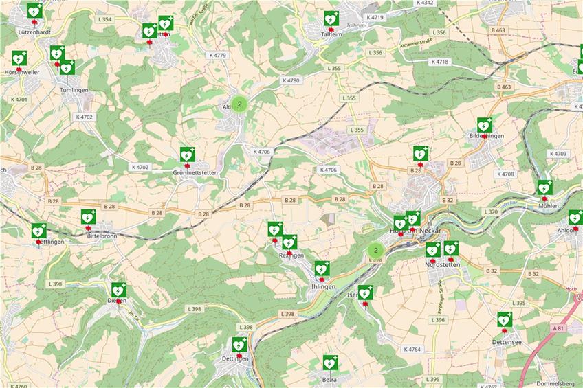 Die Standorte automatisierter externer Defibrilatoren (AED) in und um Horb. Auf www.steiger-stiftung.de/aed-freudenstadt ist die Karte detailliert darstellbar.Screenshot: Leaflet, MapQuest,OpenStreetMap & contributors, CC-BY-SA