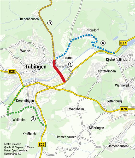 Die Verbindung von der B27 nach Lustnau wird über das Industriegebiet Unterer Wert laufen (1). Wer von Süden zu den Kliniken will, soll über Weilheim zur B28 fahren (2), von Stuttgart aus über Walddorfhäslach und Bebenhausen (3), und von Kirchentellinsfurt aus über Pfrondorf (4).
