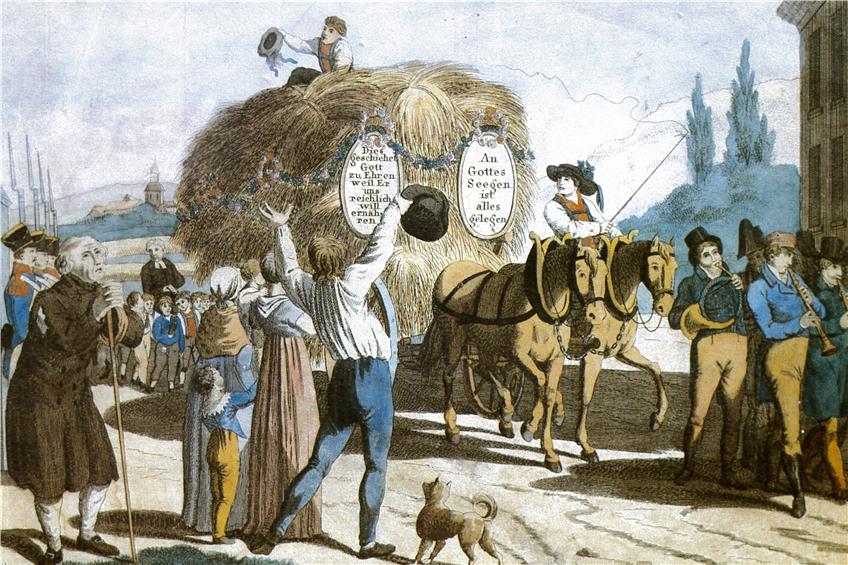 Diese kolorierte Lithographie aus dem Jahr 1817 erinnert an die Freude über die erste Ernte nach den Hungerjahren. Das Original befindet sich im Heimatmuseum in Ehingen an der Donau. Privatbild
