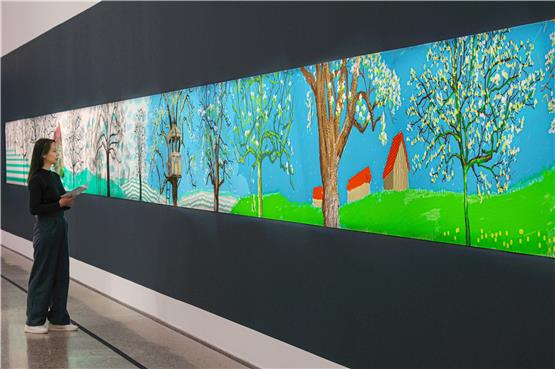 Eine Besucherin betrachtet im Museum Würth 2 das Fries „A Year in Normandie“ des britischen Malers David Hockney. Es ist 90,75 Meter lang. Foto Würth / Ufuk Arslan, David Hockney