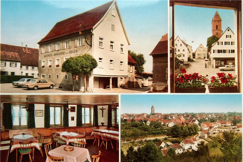 Eine Postkarte des Weitinger Brauerei-Gasthofs „Adler“ aus den 1970er-Jahren mit Außenansicht, Blick in die gemütliche Gaststube und Ausblick auf die Weitinger Paradeansicht. Diese hat sich durch die Renovierung des Kirchturms und bauliche Veränderungen noch mehr zu ihrem Vorteil entwickelt. Repro: Nesch