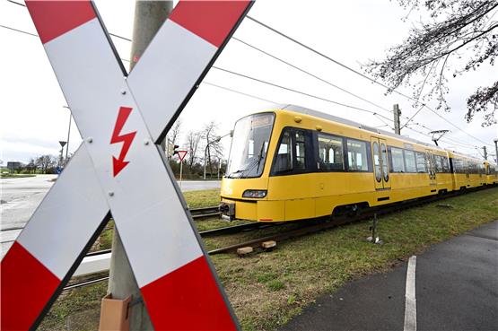 Eine Stadtbahn fährt vor Stuttgart an einem Bahnübergang an einem Andreaskreuz vorbei. Foto: Bernd Weißbrod/dpa/Archivbild