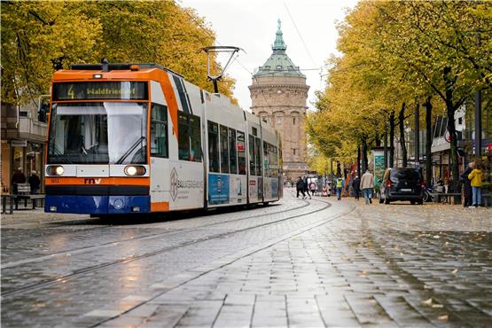 Eine Straßenbahn fährt durch die Mannheimer Innenstadt. Foto: Uwe Anspach/dpa