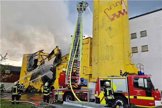 Einsätzkräfter der Feuerwehr löschen eine in Brand geratene Lagerhalle von einem Spielehersteller. Foto: Andreas Rosar/dpa