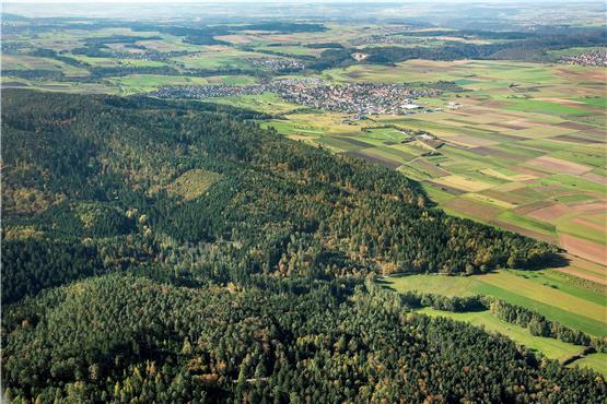 Hirrlingen von Südosten gesehen: 417 Hektar Rammert sind Gemeindewald. Die Harbachklinge, in die der Landkreis Tübingen eine 40 Hektar große Mülldeponie pflanzen wollte, ist das obere der beiden schräg nach rechts unten verlaufenden Täler. Bild: Klaus Franke