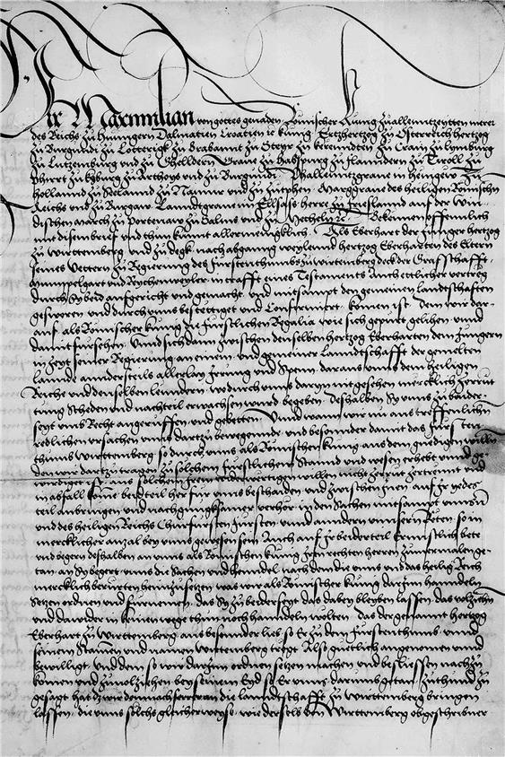 Im sechsseitigen Horber Vertrag vom 10. Juni 1498 verglich König Maximilian I. Herzog Eberhard II. von Württemberg mit dem Regiment. Bild: Hauptstaatsarchiv Stuttgart