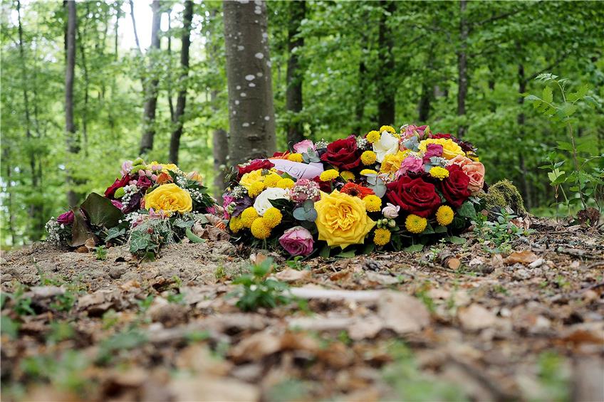 Nach einer Bestattung ist zehn Tage lang Blumenschmuck im Ruhewald erlaubt. Danach wird er entfernt.Bild: Karl-Heinz Kuball
