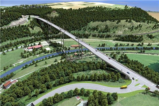 Projektion der Hochbrücke über Horb: Blick auf die Erneuerung am südlichen Widerlager bei Nordstetten. Grafik: RP Karlsruhe