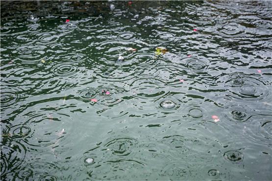 Regen tropft in einen Brunnen. Foto: Daniel Vogl/dpa/Symbolbild