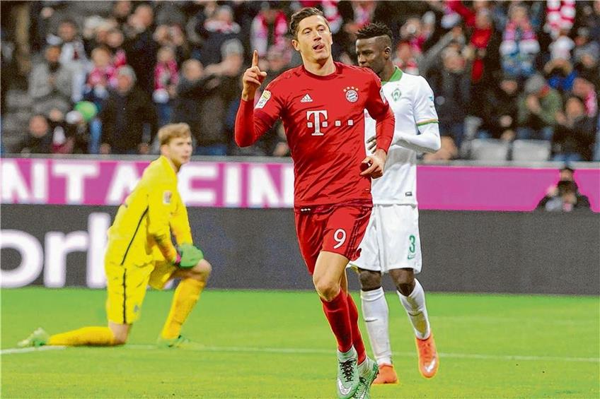 Robert Lewandowski erzielte beim 5:0 der Bayern im Bundesliga-Heimspiel gegen Bremen am 12. März das vierte Tor. Foto: Eibner