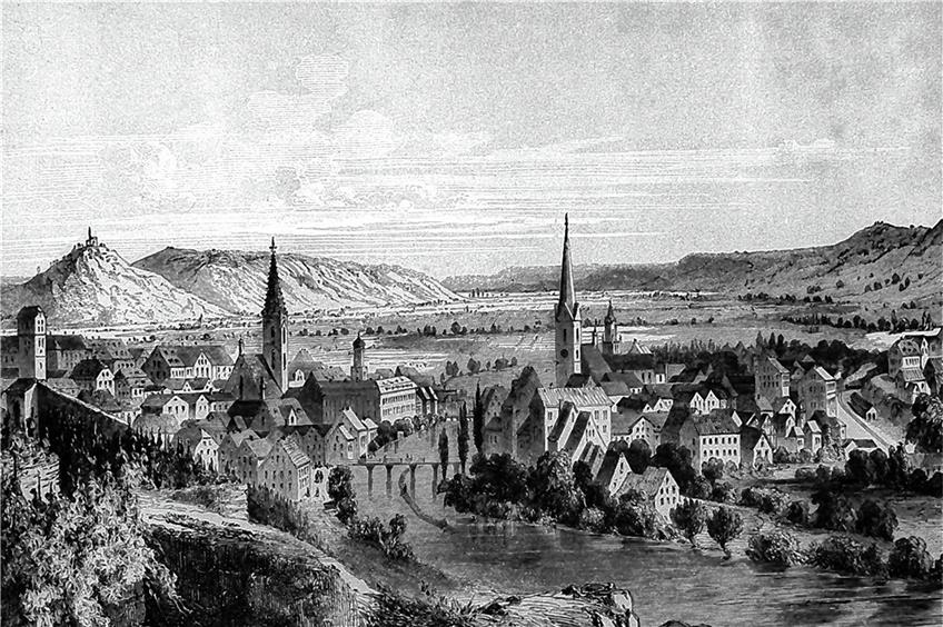 Rottenburg mit Eisenbahn, Lithografie aus dem 19. Jahrhundert.