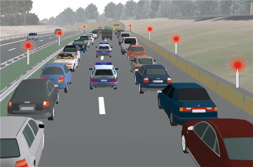 So soll „Traffic Scout“ funktionieren: Sobald die Blinksäulen anfangen zu blinken, sind die Verkehrsteilnehmer aufgefordert, an den Straßenrand zu fahren, um den Rettungskräften den Weg frei zu machen. Grafik: Dreier