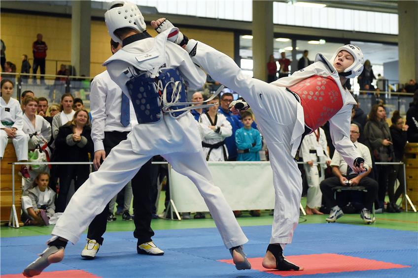 Über 350 Taekwondo-Kämpfer aus Frankreich, Schweiz, Tschechien und Deutschland waren in der Rottenburger Volksbank-Arena, wo die Sportschule Ertan den 21. Neckarpokal ausgerichtet hat (auf dem Bild rechts Michael Gorin von der Rottenburger Sportschule Ertan). Bild: Ulmer