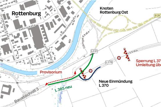 Von Weiler her wird der Verkehr auf ein Provisorium geleitet, Kiebingen wird für drei Monate abgehängt. Grafik: RP