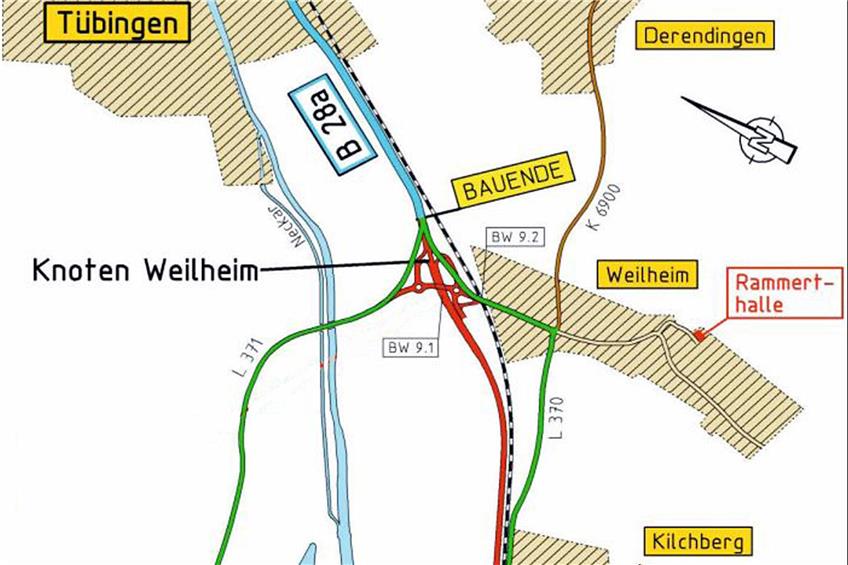 Zuerst wird der B28-Abschnitt von Tübingen bis Bühl gebaut ... Zeichnung: Landesverkehrsministerium
